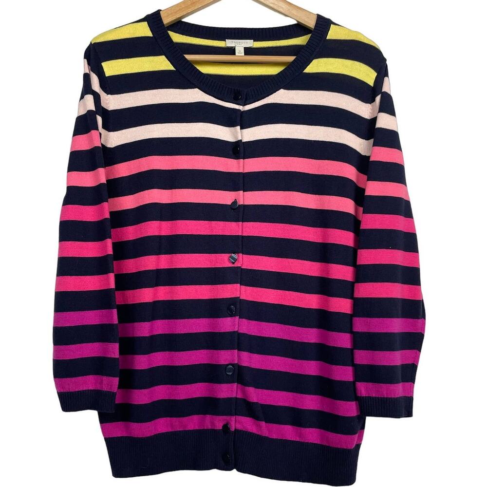 Talbots Cardigan Sweater Size M Stripe Cotton Knit Button Preppy Twee Teacher
